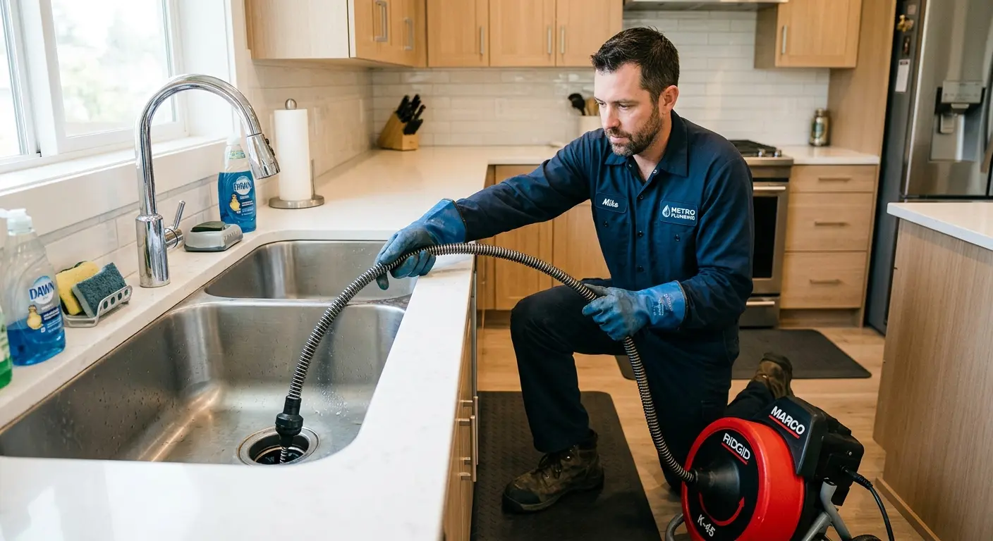Drain cleaning technician using a motorized snake on a kitchen sink in Rancho Mirage