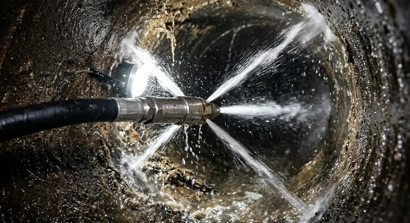 High-pressure hydro jetting nozzle cleaning sewer pipe for Sewer Cleanout in Rancho Mirage