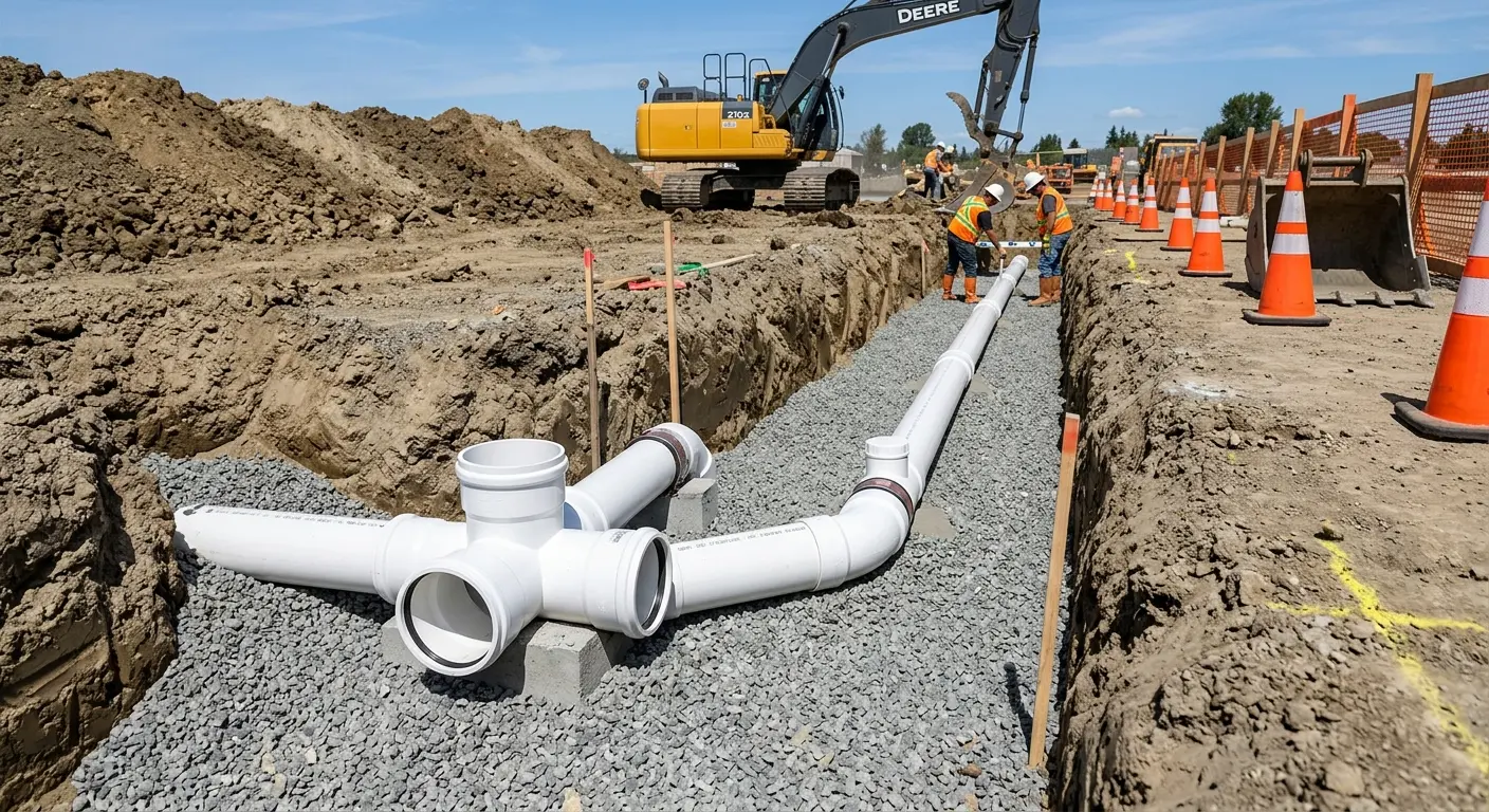 New PVC sewer pipe installation in open trench for Sewer Backup in Rancho Mirage
