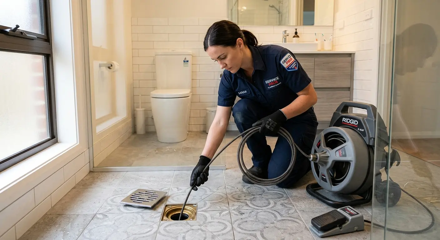 Technician clearing a bathroom floor drain for Drain Cleaning in Rancho Mirage